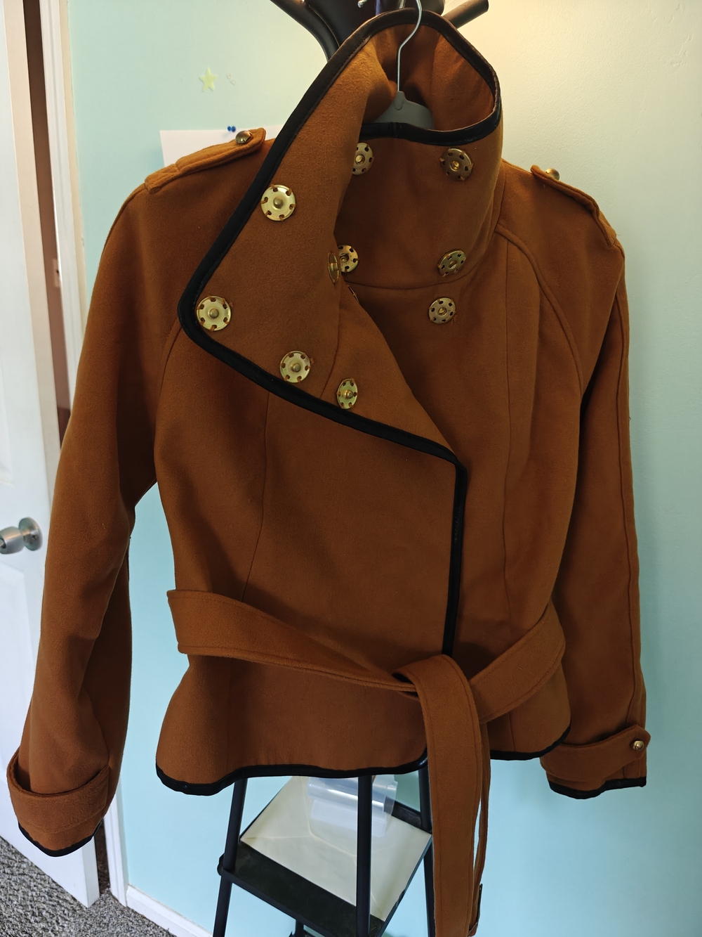 Women's Double-Breasted Belted Peacoat Jacket - Rust Brown